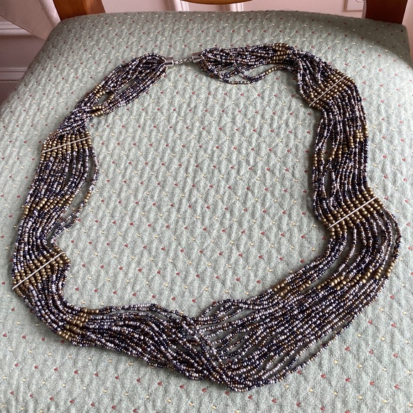 MULTI STRAND LONG STATEMENT NECKLACE GOLD Colored -GRAY -BLACK SMALL BEADS 18in - Picture 1 of 10